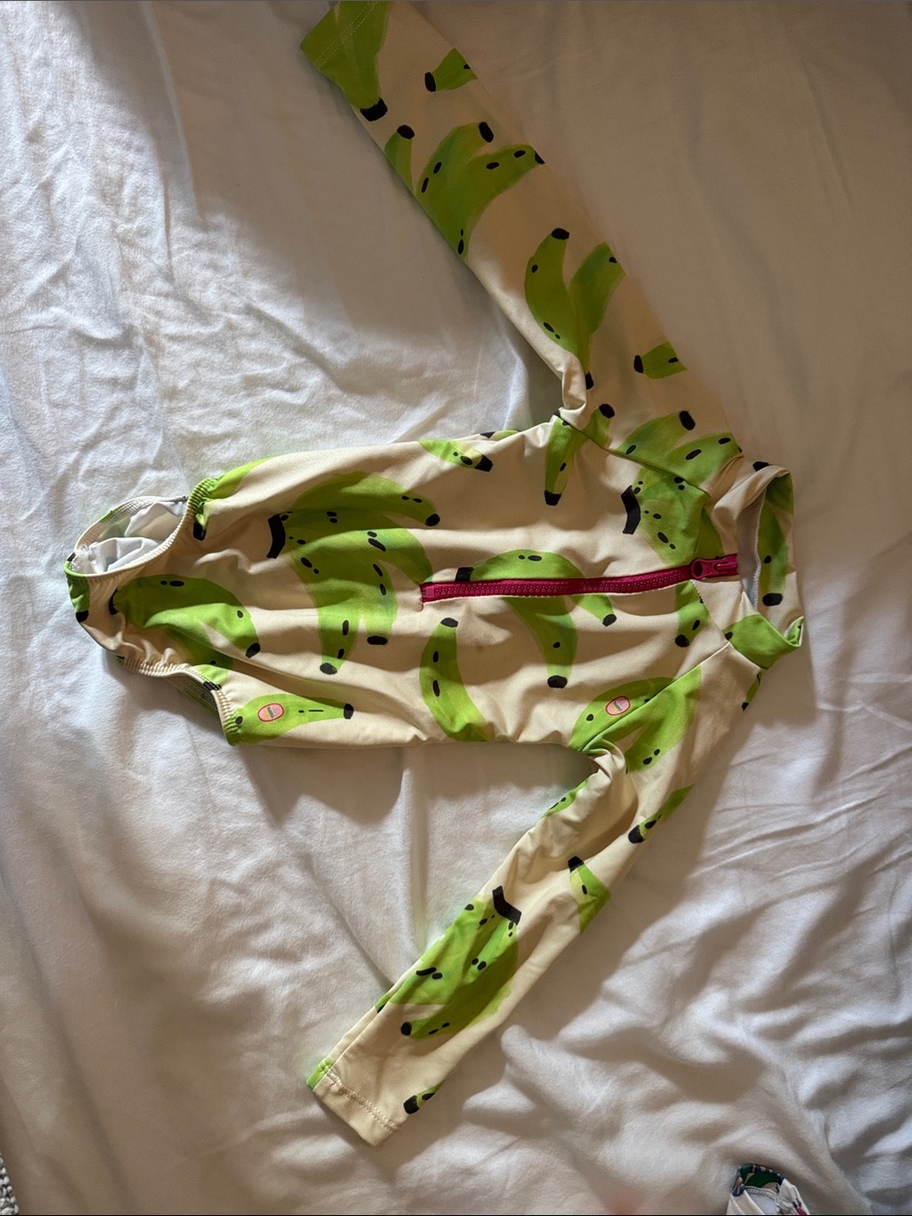Cream and Green Banana-Print Long Sleeve Kids One-Piece with Front Zip